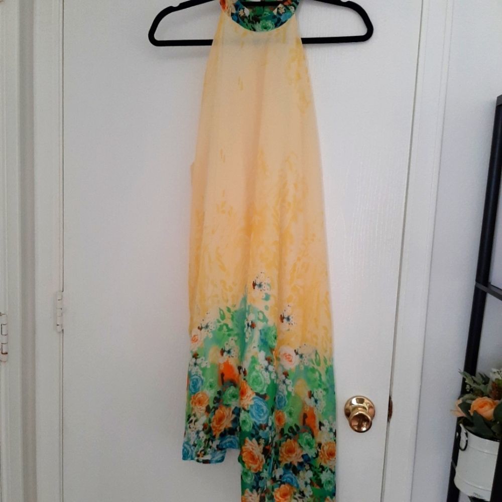 Halter Floral Sheer Lined Dress Large